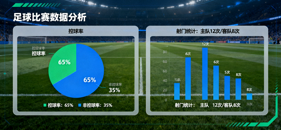 足球比赛数据分析画面，展示控球率与射门统计的可视化图表